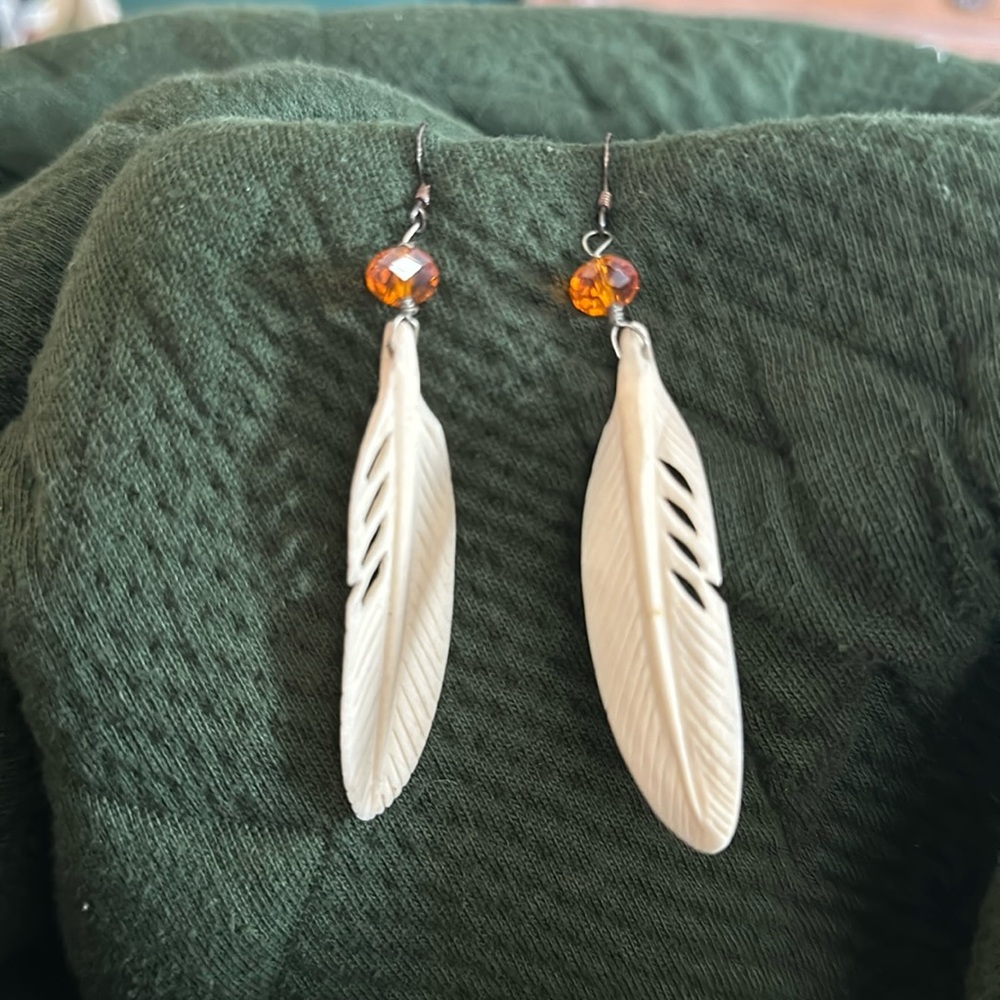 Hand made vintage bone feather earrings